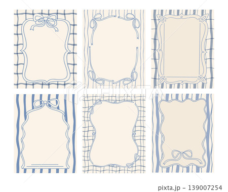 Set of six decorative frames with blue outlines and bows on a light background, featuring various shapes and patterns suitable for invitations or announcements Set of six decorative frames with blue outlines and bows on a light background, featuring various shapes and patterns suitable for invitations or announcements 139007254