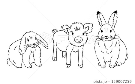 Illustration of three cute farm animals a fluffy rabbit, a playful piglet, and a friendly bunny, outlined in black on a white background Illustration of three cute farm animals a fluffy rabbit, a playful piglet, and a friendly bunny, outlined in black on a white background 139007259