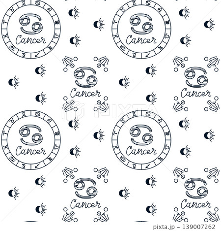 Seamless pattern illustration featuring zodiac sign Cancer with astrological symbols, moons, and stars on a white background, suitable for various design applications Seamless pattern illustration featuring zodiac sign Cancer with astrological symbols, moons, and stars on a white background, suitable for various design applications 139007262