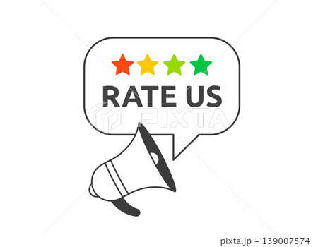 Rate us feedback request. Megaphone with rating stars for customer satisfaction survey. Colorful 139007574