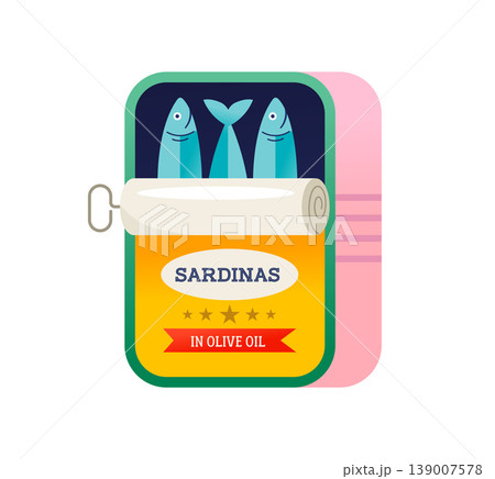 Colorful canned sardines. Open tin can illustration Colorful canned sardines. Open tin can illustration 139007578