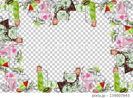 Fresh fruit detox smoothie frame with kiwi, apple and strawberry drinks hand drawn in ink, watercolor. Juice packaging, farmers market posters, fruit labels, seasonal menu borders, grocery promotions. 139007643