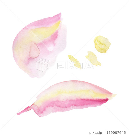 Pink watercolor petal shapes with soft yellow striped gradients, abstract floral fragments, sunshine blots. Isolated illustration hand drawn in watercolor. Abstract accents, pastel design elements. 139007646