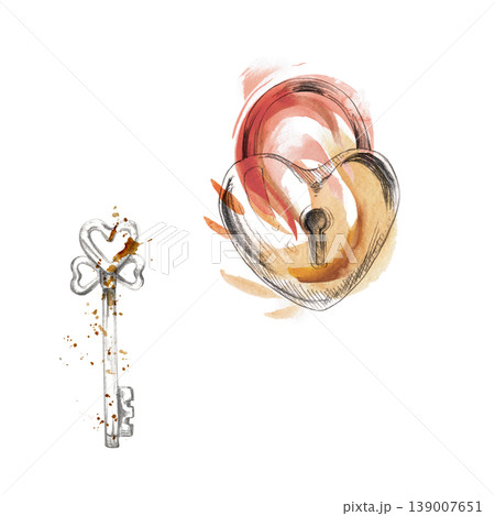 Heart shaped lock, vintage key. Hand drawn romantic objects set in pencil outline with bold passionate watercolor wash and splatter. Wedding planning guides, love coupons, handmade gifts packaging 139007651