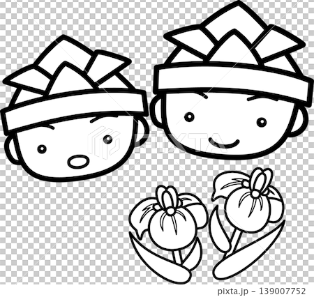 Children's Day (Tango no Sekku): A line drawing of two boys wearing origami helmets and irises. 139007752