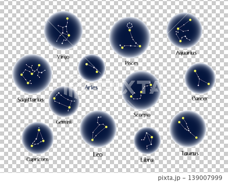 十二星座圖示集：12個星座 - 夜空星座插圖 139007999