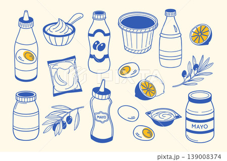 Hand drawn mayonnaise and ingredients set. Sketch. Organic mayo packaging illustrations for food labels and menus. Hand drawn mayonnaise and ingredients set. Sketch. Organic mayo packaging illustrations for food labels and menus. 139008374