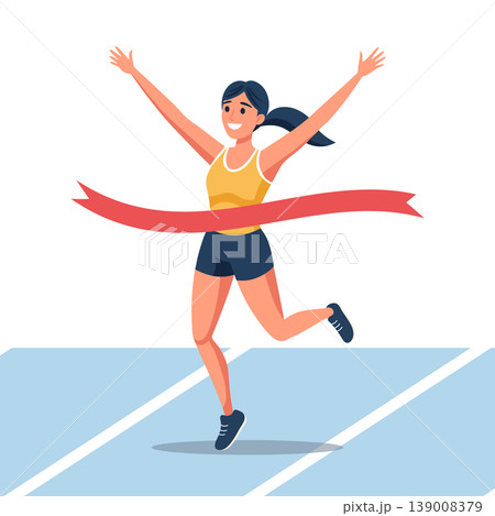 Woman running at the finish line. Victory celebration. Illustration. Woman running at the finish line. Victory celebration. Illustration. 139008379