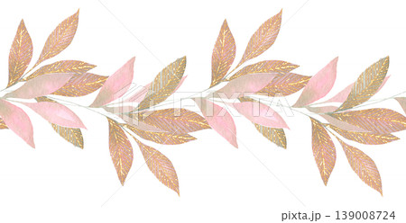 Pink and gold leaves seamless border watercolor 139008724