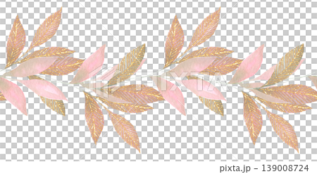 Pink and gold leaves seamless border watercolor 139008724