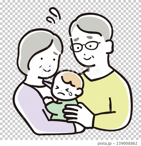 泣いている赤ちゃんを抱く祖父母　困った育児シーンイラスト 139008862