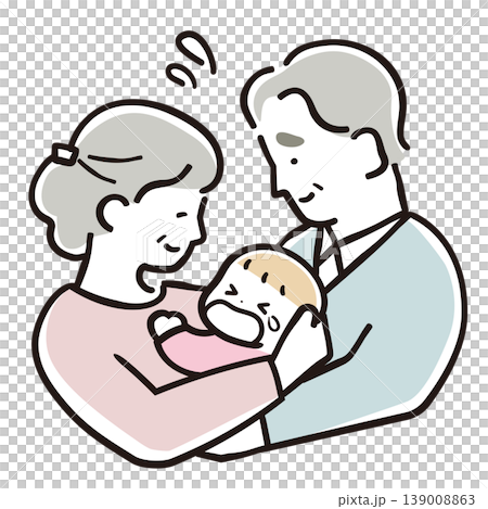 赤ちゃんに戸惑う祖父母　育児に悩むシニア夫婦のイラスト 139008863