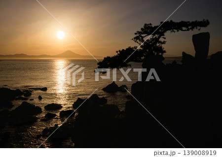 夕陽に染まる葉山の海と森戸神社の松 夕陽に染まる葉山の海と森戸神社の松 139008919