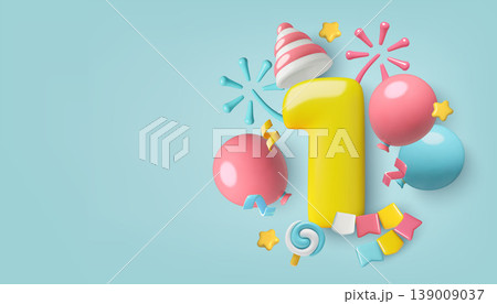 Birthday background for 1 year old with cute 3D realistic inflated number balloons party hat and fireworks 139009037
