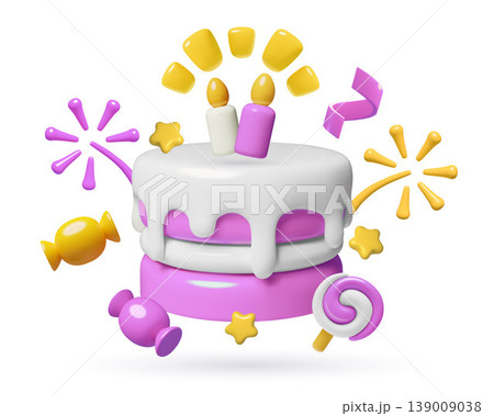 Birthday cake 3d icon with candles, candies and fireworks in a cute plastic style 139009038