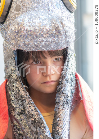 Child portrait in stage costume represents character attention and emotional state Child portrait in stage costume represents character attention and emotional state 139009278