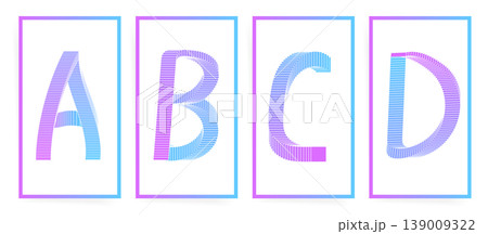 Vector alphabet letters A B C D with gradient stripe line 3D effect. Modern decorative font design in purple, blue and cyan for poster, print, monogram, card, logo and typography design. 139009322
