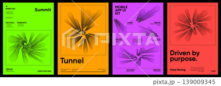 Abstract 3D spiral tunnel cylinder vector poster set on bold flat background. Futuristic geometric tube design in neon green, orange, purple and red for business event, summit, app UI, branding  139009345