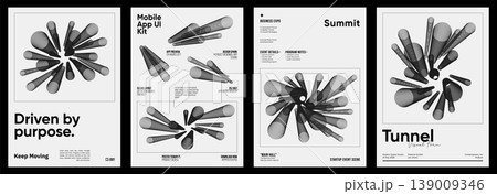 Abstract 3D spiral poster with tunnel cylinders. Vector set on white background. Minimal monochrome geometric design for business event, summit, mobile app UI, branding, art print, cover  139009346