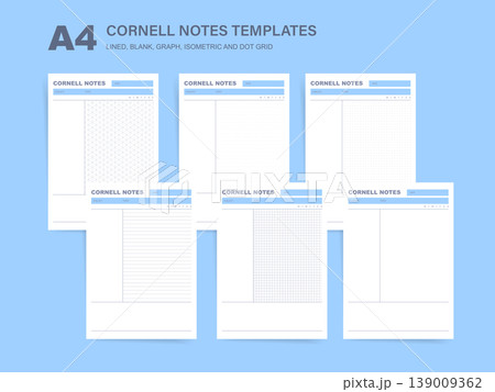 A4 Cornell Notes Templates Collection Set. Printable Lined Blank Graph Isometric and Dot Grid Note Taking Paper Vector Illustration Pack for Student Study Journal and School Planner Design 139009362