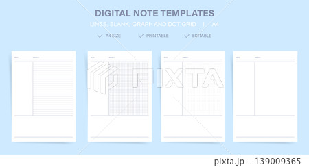 Printable minimal digital note template set A4 with date and subject header. Clean Cornell style lined, graph and dot grid study planner in white for study. Printable minimal digital note template set A4 with date and subject header. Clean Cornell style lined, graph and dot grid study planner in white for study. 139009365