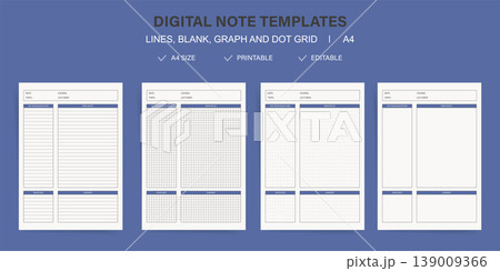 Note Templates A4 Digital Set. Printable Cornell Style Lined Blank Graph and Dot Grid Paper with Key Ideas Main Notes Deadlines and Summary Vector Illustration Pack for Student Lecture Jour 139009366