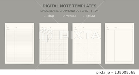 A4 Digital Note Templates Collection Set. Printable Minimalist Lined Blank Graph and Dot Grid Paper with Date Topic and Content Sections Vector Illustration Pack for Student Journal and Planner Design A4 Digital Note Templates Collection Set. Printable Minimalist Lined Blank Graph and Dot Grid Paper with Date Topic and Content Sections Vector Illustration Pack for Student Journal and Planner Design 139009369