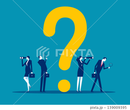 Business team with magnifying glasses and binoculars next to a question mark Business team with magnifying glasses and binoculars next to a question mark 139009395