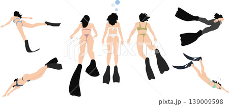 足にフィンを付けて泳いでいる女性のイラスト 足にフィンを付けて泳いでいる女性のイラスト 139009598