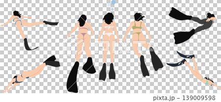 足にフィンを付けて泳いでいる女性のイラスト 足にフィンを付けて泳いでいる女性のイラスト 139009598