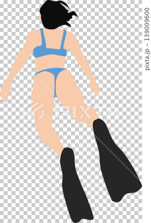 An illustration of a woman swimming with fins on her feet. 139009600