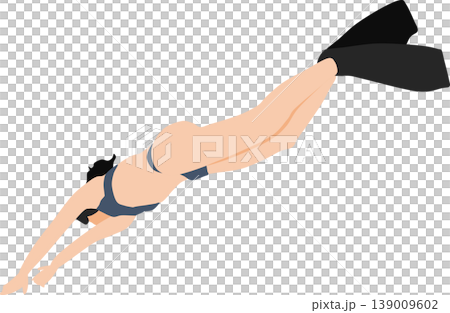 An illustration of a woman swimming with fins on her feet. 139009602