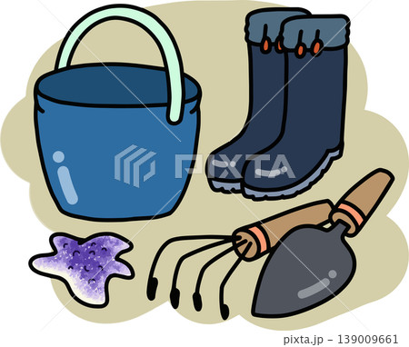 潮干狩り道具セットイラスト素材　バケツ・長靴・熊手・スコップ・ヒトデ　手書き風　春　白背景 139009661