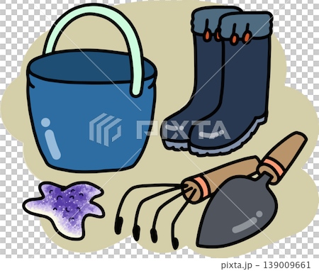 潮干狩り道具セットイラスト素材　バケツ・長靴・熊手・スコップ・ヒトデ　手書き風　春　白背景 139009661