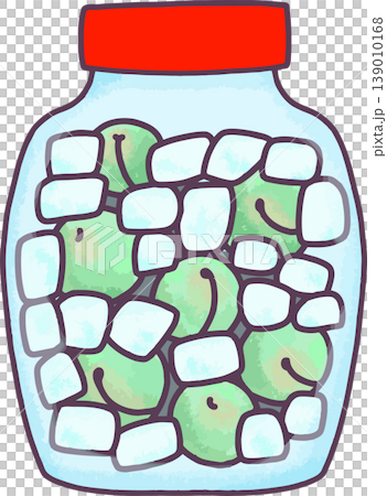 Illustration of a bottle of plum syrup/plum wine: Pickling green plums with rock sugar, red lid, hand-drawn style, plum-related, early summer, white background. 139010168