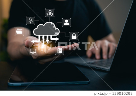 Modern Technology Cloud Computing Concept with Icons Representing Data Security, Storage, and Management in a Digital Workspace Environment Modern Technology Cloud Computing Concept with Icons Representing Data Security, Storage, and Management in a Digital Workspace Environment 139010295