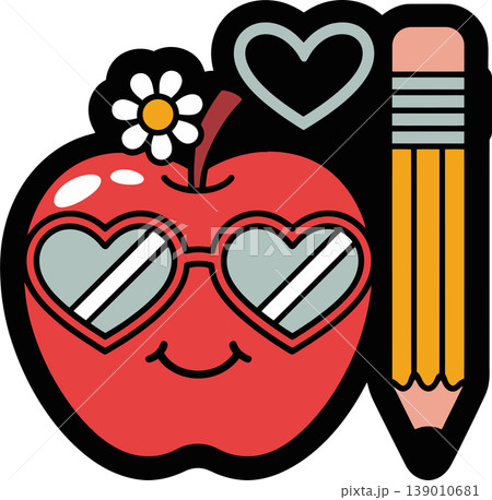 Cute Apple and Pencil Illustration with Heart Glasses Cute Apple and Pencil Illustration with Heart Glasses 139010681
