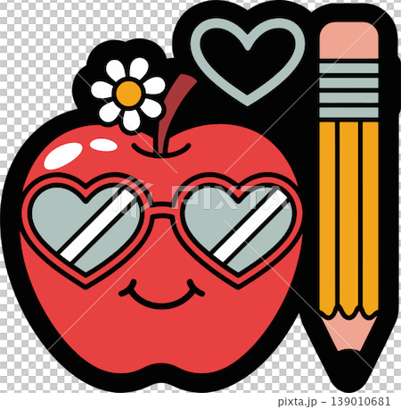 Cute Apple and Pencil Illustration with Heart Glasses Cute Apple and Pencil Illustration with Heart Glasses 139010681