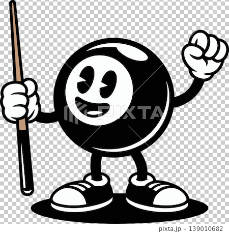 Cartoon Eight Ball Character Holding Pool Cue	 139010682