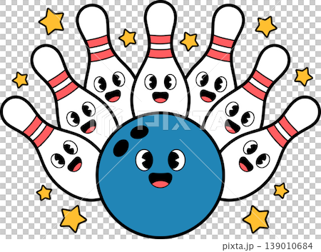 Happy Cartoon Bowling Ball and Pins Illustration	 139010684