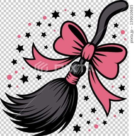 Cute Witch Broom with Pink Bow and Stars Illustration	 139010685