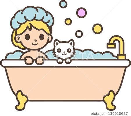 Cute Kid and Cat Taking a Bath Cartoon Illustration	 139010687