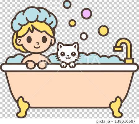 Cute Kid and Cat Taking a Bath Cartoon Illustration	 139010687
