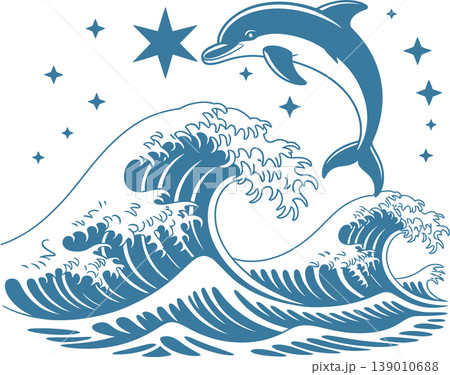 Vintage Dolphin Jumping Over Ocean Waves Illustration	 139010688
