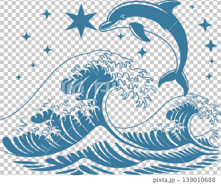 Vintage Dolphin Jumping Over Ocean Waves Illustration	 139010688