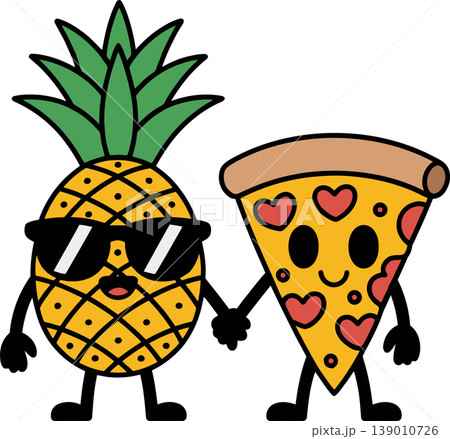 Cute Pineapple and Pizza Slice Holding Hands Cartoon Illustration	 139010726