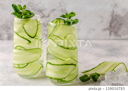 Fresh infused cucumber water on a light background 139010783