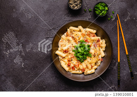 Spicy Rice Cake with Cheese and Bacon or Cream Teokbokki, Tteokbokki. 139010801