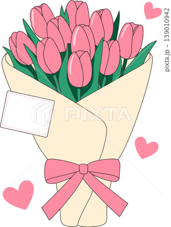 Pink Tulip Bouquet with Ribbon and Love Hearts Illustration Pink Tulip Bouquet with Ribbon and Love Hearts Illustration 139010942