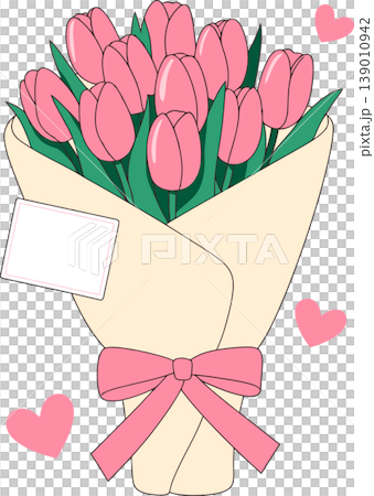 Pink Tulip Bouquet with Ribbon and Love Hearts Illustration Pink Tulip Bouquet with Ribbon and Love Hearts Illustration 139010942